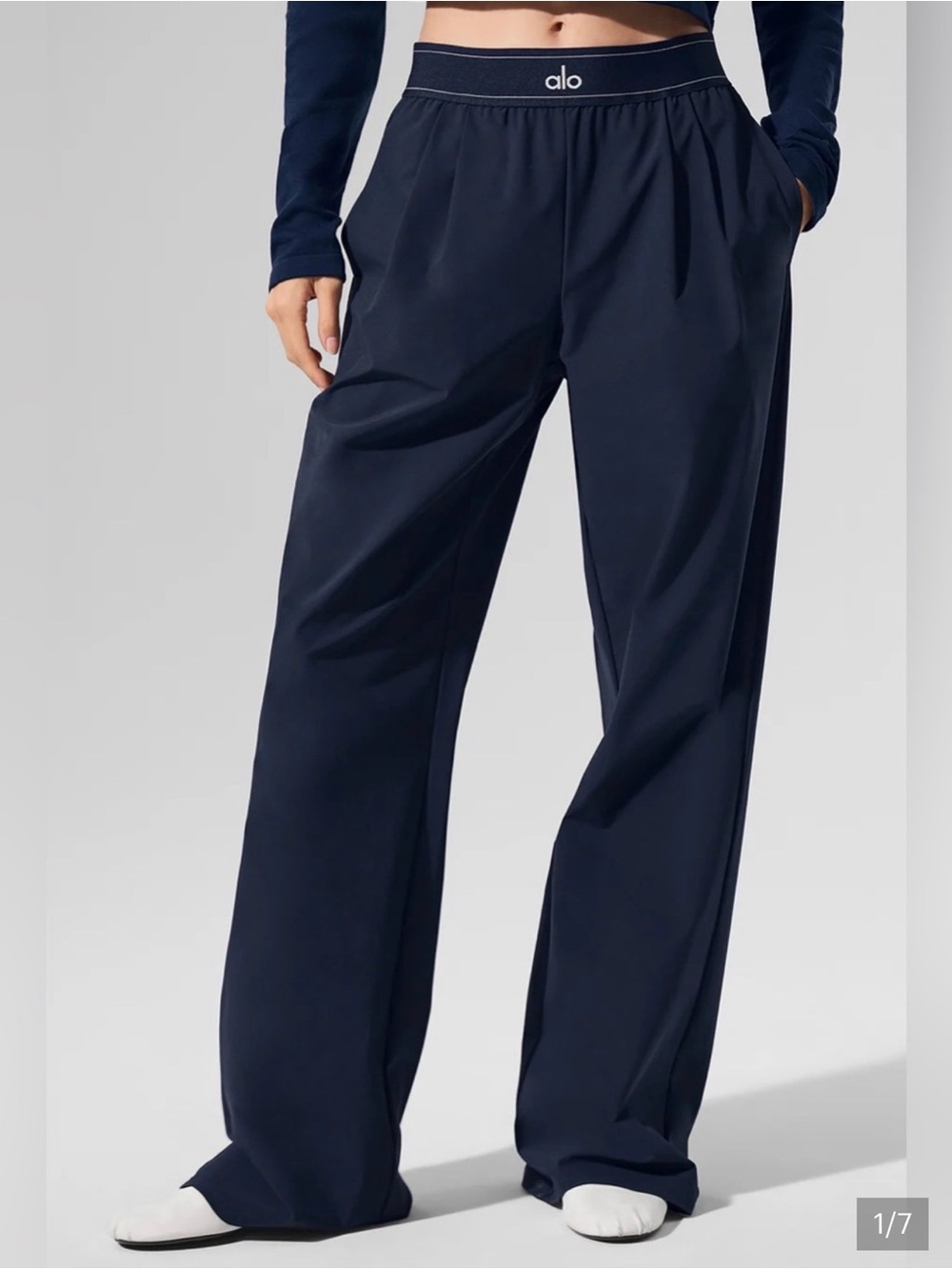 ALO Yoga Suit Up Trouser Navy Wide-Leg Lounge Pants with Elastic Waist